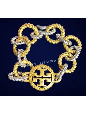 TORY BURCH Gold and Silver Rope Chain Link Bracelet With Toggle Clasp